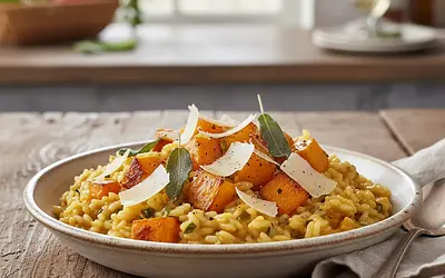 Kremowe risotto z pieczoną dynią, szałwią i parmezanem