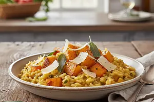 Kremowe risotto z pieczoną dynią, szałwią i parmezanem