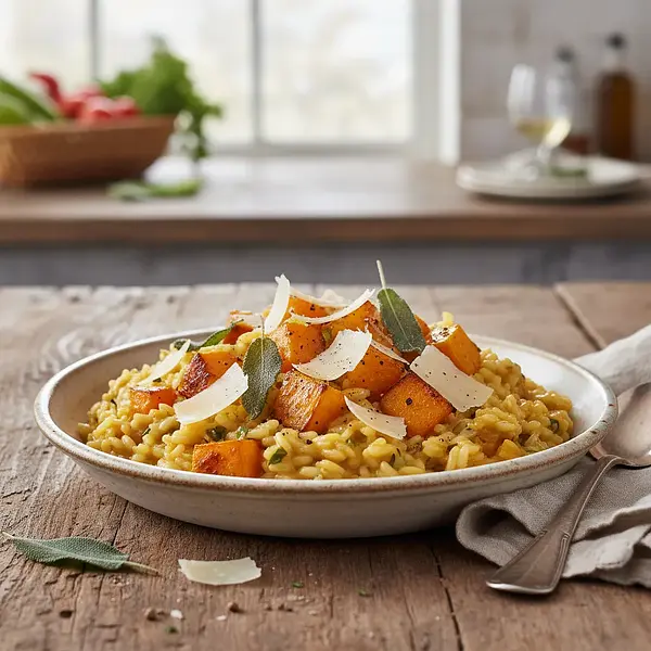 Kremowe risotto z pieczoną dynią, szałwią i parmezanem