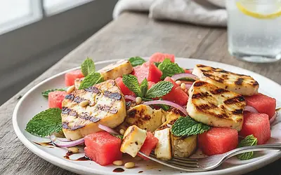 Orzeźwiająca sałatka z grillowanym halloumi, arbuzem i miętą