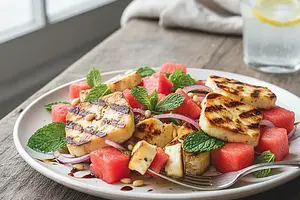 Orzeźwiająca sałatka z grillowanym halloumi, arbuzem i miętą