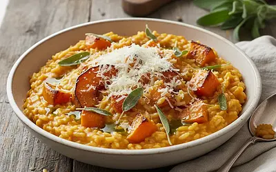 Kremowe risotto z pieczoną dynią, szałwią i parmezanem