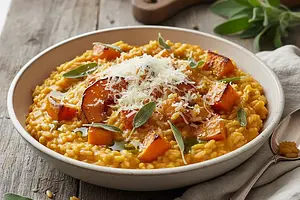 Kremowe risotto z pieczoną dynią, szałwią i parmezanem