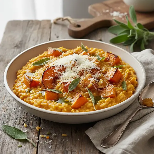 Kremowe risotto z pieczoną dynią, szałwią i parmezanem