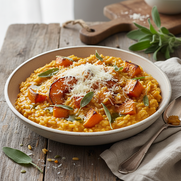 Kremowe risotto z pieczoną dynią, szałwią i parmezanem