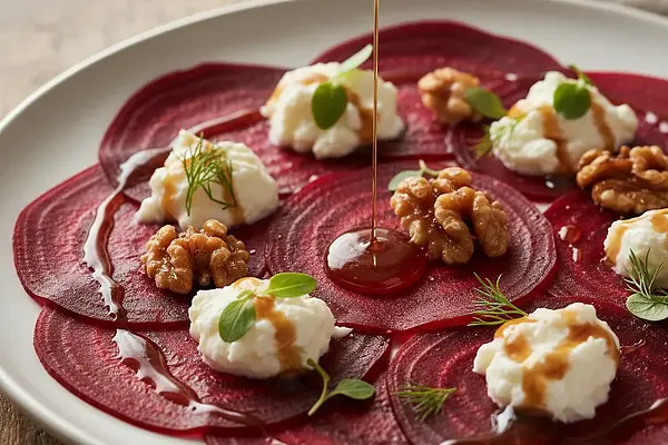 Carpaccio z pieczonego buraka z kozim serem, karmelizowanymi orzechami i winegretem miodowo-balsamicznym