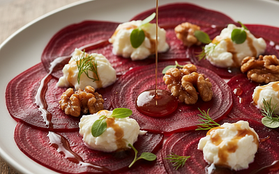 Carpaccio z pieczonego buraka z kozim serem, karmelizowanymi orzechami i winegretem miodowo-balsamicznym
