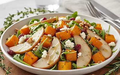 Sałatka z pieczoną dynią, gruszką i serem gorgonzola