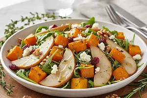 Sałatka z pieczoną dynią, gruszką i serem gorgonzola