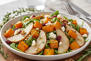 Sałatka z pieczoną dynią, gruszką i serem gorgonzola