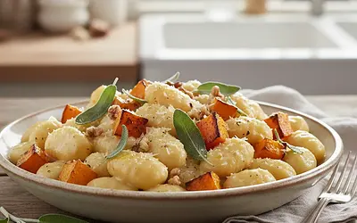 Kremowe gnocchi z pieczoną dynią, szałwią i orzechami włoskimi