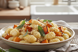 Kremowe gnocchi z pieczoną dynią, szałwią i orzechami włoskimi