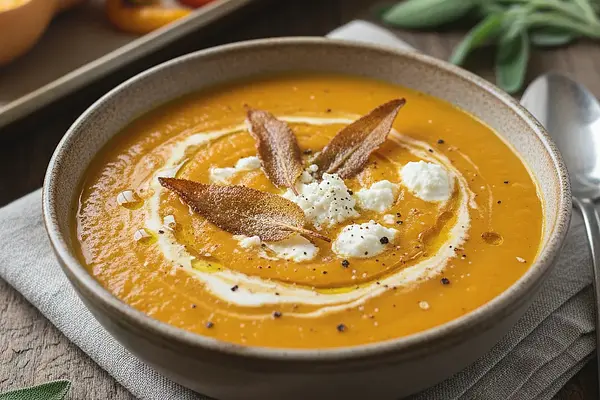 Aksamitny krem z pieczonej dyni i papryki z chrupiącym chipsem z szałwii i kozim serem