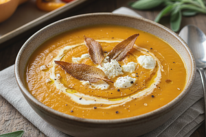 Aksamitny krem z pieczonej dyni i papryki z chrupiącym chipsem z szałwii i kozim serem