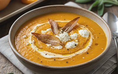 Aksamitny krem z pieczonej dyni i papryki z chrupiącym chipsem z szałwii i kozim serem