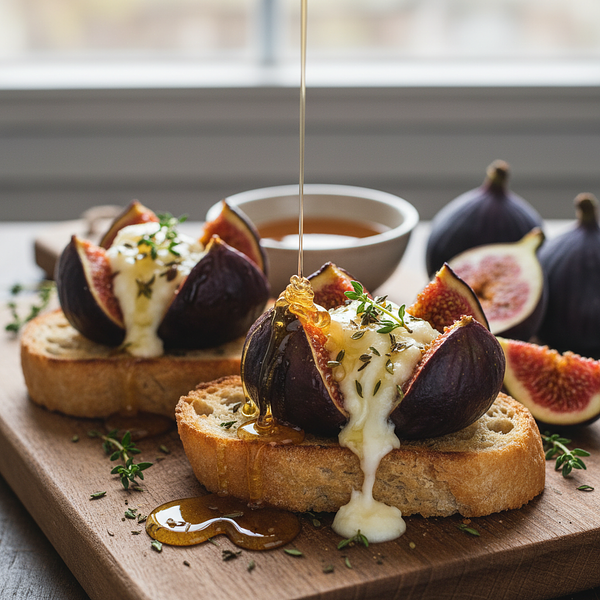 Pieczone Figi z Kozim Serem, Miodem i Tymiankiem na Grzance