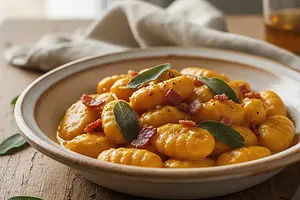 Kremowe gnocchi z dynią, szałwią i chrupiącym boczkiem