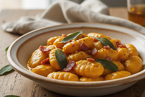 Kremowe gnocchi z dynią, szałwią i chrupiącym boczkiem