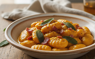 Kremowe gnocchi z dynią, szałwią i chrupiącym boczkiem