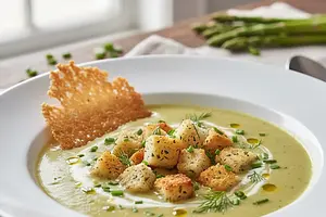 Aksamitny krem ze szparagów z chipsem parmezanowym i ziołowymi grzankami