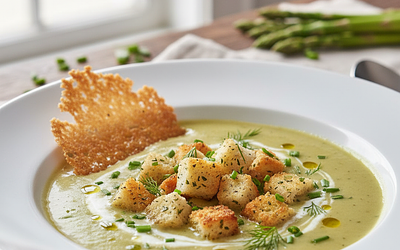 Aksamitny krem ze szparagów z chipsem parmezanowym i ziołowymi grzankami