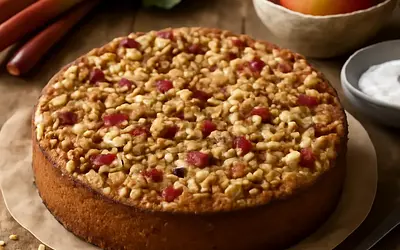 Rustic yogurt cake with rhubarb, apples, and oat crumble