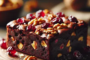 Moist brownie with cranberries, walnuts, and a hint of orange