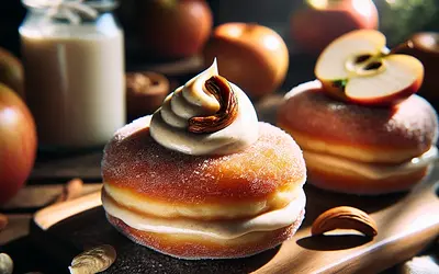 Vegan doughnut pancakes with apple-cinnamon filling and cashew cream