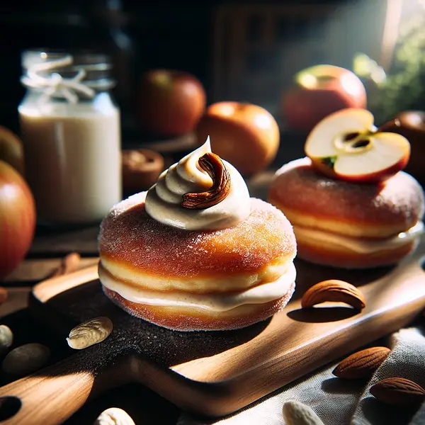 Vegan doughnut pancakes with apple-cinnamon filling and cashew cream