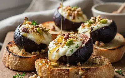 Pieczone Figi z Kozim Serem, Miodem i Orzechami na Chrupiącej Grzance