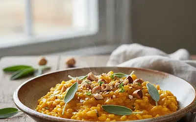 Kremowe risotto dyniowe z szałwią i prażonymi orzechami laskowymi