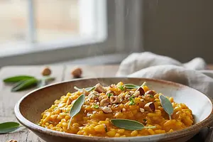 Kremowe risotto dyniowe z szałwią i prażonymi orzechami laskowymi