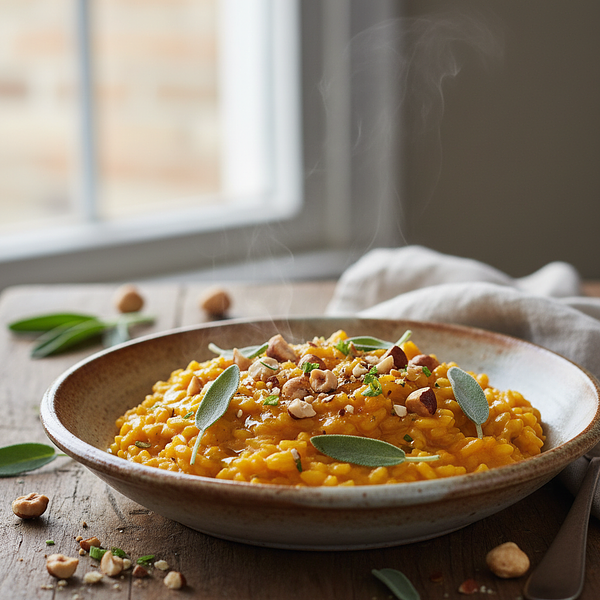 Kremowe risotto dyniowe z szałwią i prażonymi orzechami laskowymi