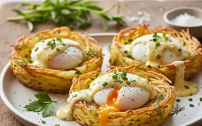 Herb Nest of Young Potatoes with Poached Egg and Hollandaise Sauce with a Hint of Tarragon