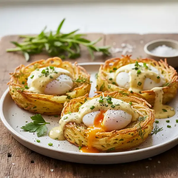 Herb Nest of Young Potatoes with Poached Egg and Hollandaise Sauce with a Hint of Tarragon