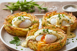 Herb Nest of Young Potatoes with Poached Egg and Hollandaise Sauce with a Hint of Tarragon