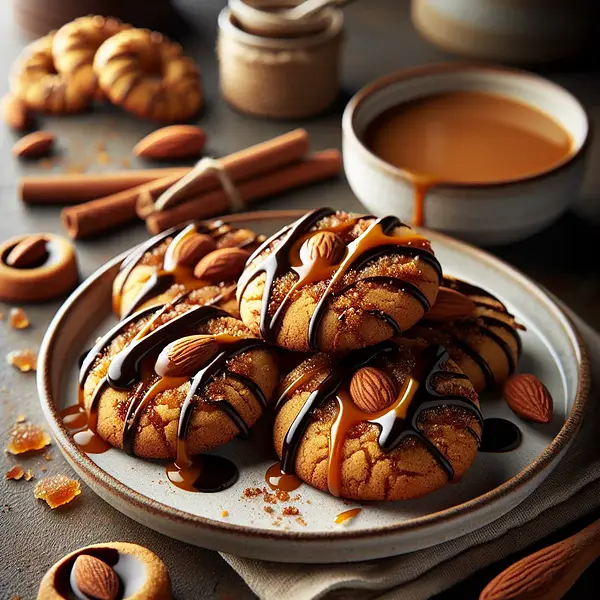 Spiced cookies with almond-caramel filling coated in dark chocolate