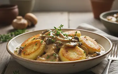 Lactose-Free Potato Dumplings in Velvety Mushroom Sauce with a Hint of Thyme