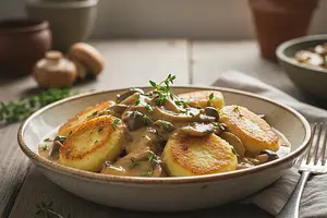 Lactose-Free Potato Dumplings in Velvety Mushroom Sauce with a Hint of Thyme