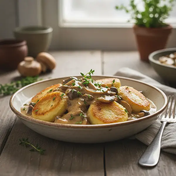 Lactose-Free Potato Dumplings in Velvety Mushroom Sauce with a Hint of Thyme