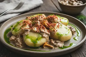 Modern Silesian Dumplings with Creamy Mushroom Sauce, Bacon Powder, and Dill Oil