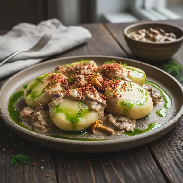 Modern Silesian Dumplings with Creamy Mushroom Sauce, Bacon Powder, and Dill Oil