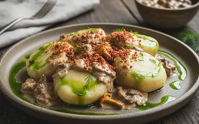 Modern Silesian Dumplings with Creamy Mushroom Sauce, Bacon Powder, and Dill Oil