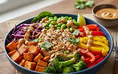 Rainbow Power Bowl with Roasted Sweet Potato and Peanut Sauce