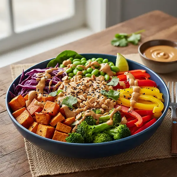 Rainbow Power Bowl with Roasted Sweet Potato and Peanut Sauce