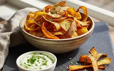 Crispy Vegetable Peel Chips with Herb Aioli