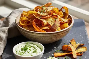 Crispy Vegetable Peel Chips with Herb Aioli
