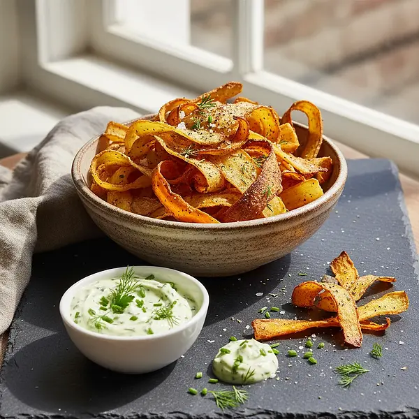 Crispy Vegetable Peel Chips with Herb Aioli