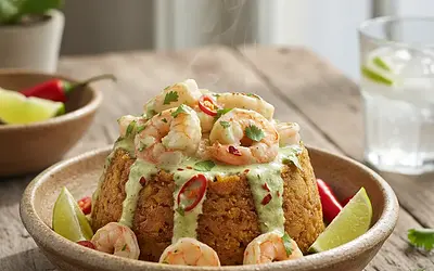 Pikantne Mofongo z Krewetkami w Sosie Kokosowo-Limonkowym