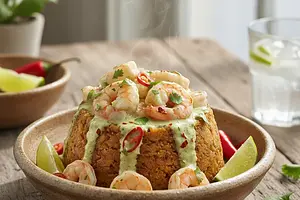 Pikantne Mofongo z Krewetkami w Sosie Kokosowo-Limonkowym